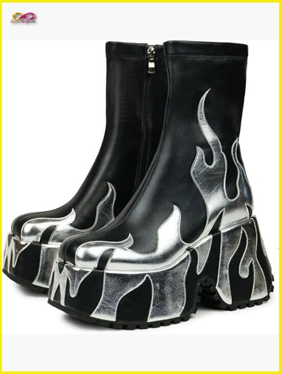Shoes - Chunky Sole Ankle Boots with Flames Printing, Platform Heel, Zipper Closure